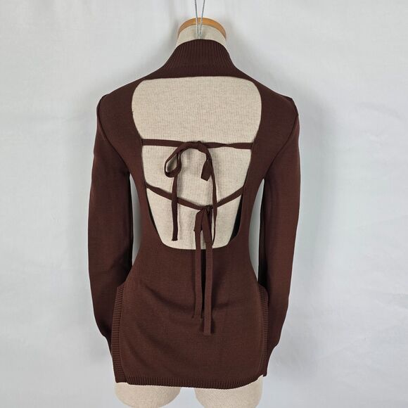 Forever 21 Sweater Women's Small Brown Mock Neck Open Back w/ Ties Side Slits - Picture 5 of 16